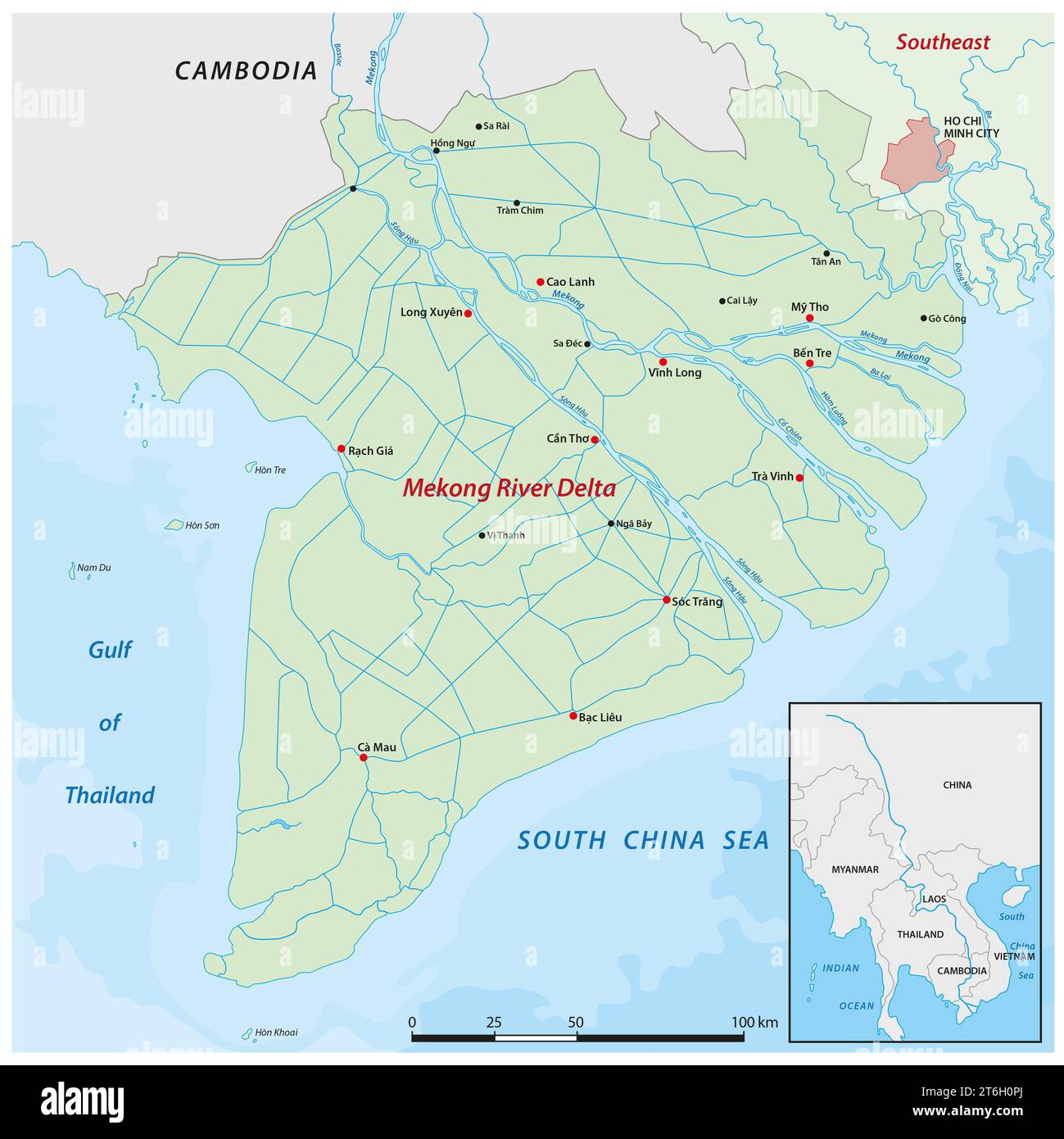 Mappa vettoriale dettagliata del delta del Mekong in Vietnam Foto Stock