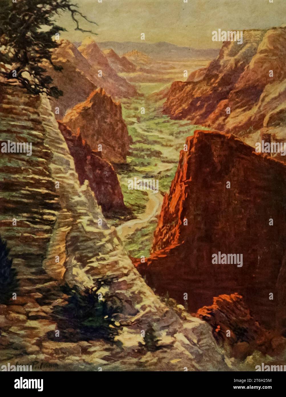 Zion Canyon panted di Orion Putnam dal libro " Utah, the Land of Blossoming Vleys " parte della serie " SEE America First " di George Wharton James pubblicato nel 1922 dalla Page Company Utah, The Land of Blossoming Vleys: la storia dei suoi rifiuti desertici, delle sue enormi e fantastiche formazioni rocciose e dei suoi fertili giardini nelle valli riparate; un'indagine sulle sue industrie in rapido sviluppo; un resoconto dell'origine, dello sviluppo e delle credenze della chiesa mormone; e capitoli sulla flora e la fauna, e sulle meraviglie panoramiche che sono un patrimonio di tutti gli americani Foto Stock