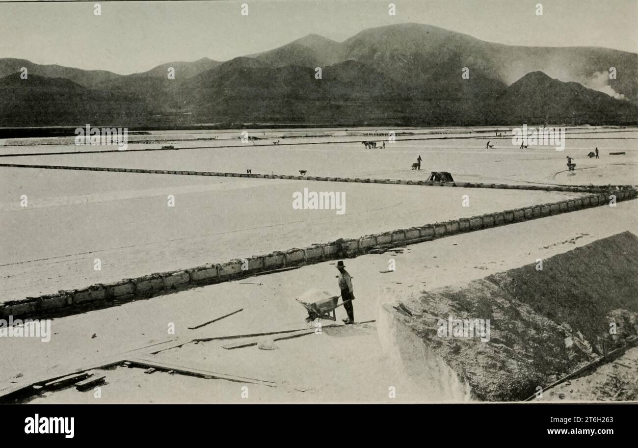 Salt Beds, Great Salt Lake tratto dal libro " Utah, the Land of Blossoming Vleys " parte della serie " SEE America First " di George Wharton James pubblicato nel 1922 dalla Page Company Utah, The Land of Blossoming Vleys: la storia dei suoi rifiuti desertici, delle sue enormi e fantastiche formazioni rocciose e dei suoi fertili giardini nelle valli riparate; un'indagine sulle sue industrie in rapido sviluppo; un resoconto dell'origine, dello sviluppo e delle credenze della chiesa mormone; e capitoli sulla flora e la fauna, e sulle meraviglie panoramiche che sono un patrimonio di tutti gli americani Foto Stock