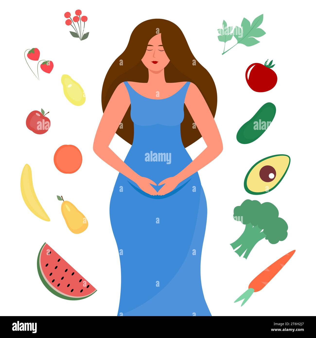 Verdure e frutta per una dieta sana per una bella donna incinta. Vettore piatto. Ragazza circondata da frutta e verdura Illustrazione Vettoriale