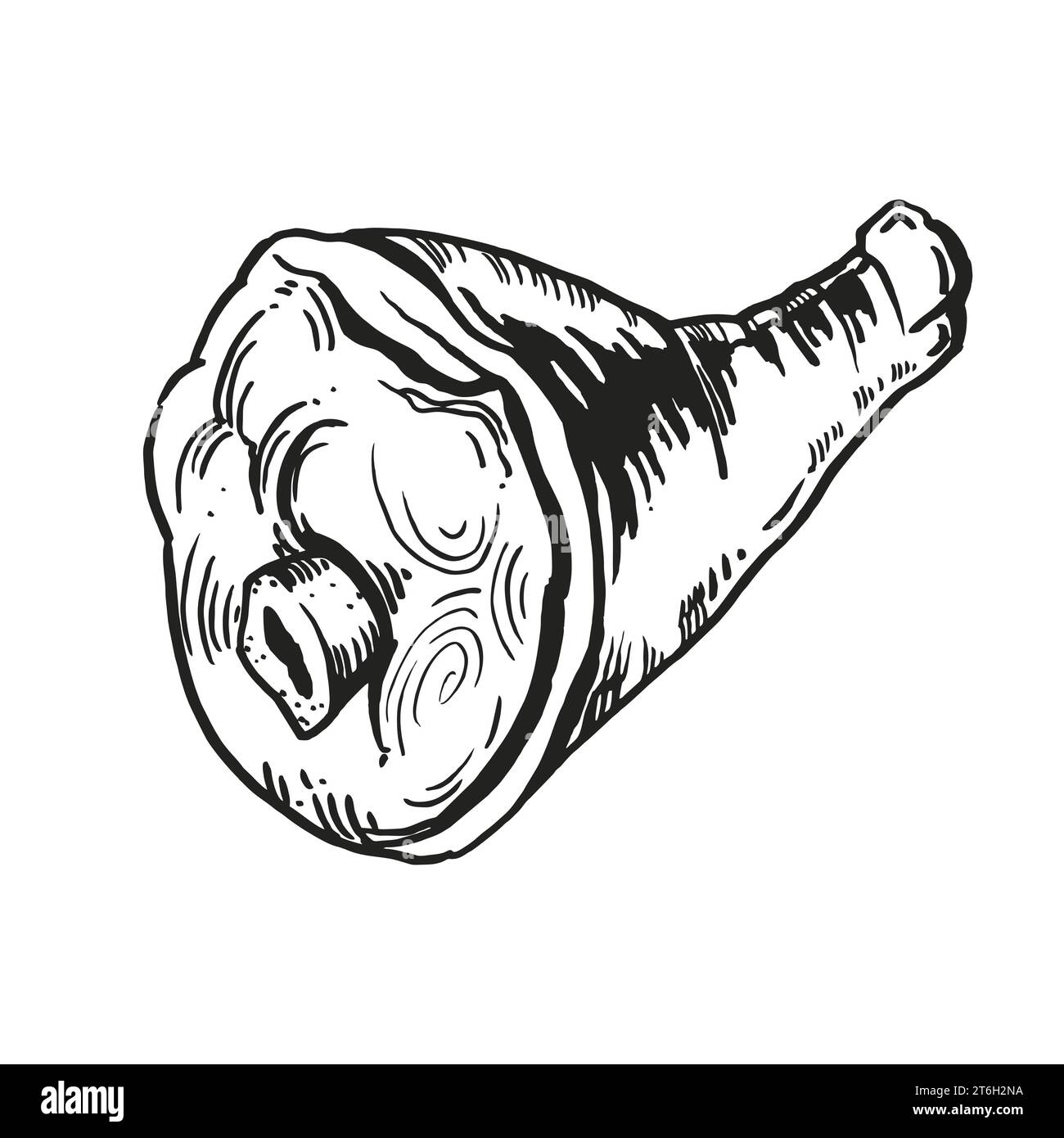 Illustrazione di cibo vettoriale disegnato a mano, stinco di maiale carnoso cotto alla griglia, carne di zampa di maiale, cibo tradizionale per l'Oktoberfest, line art, colore bianco e nero, Illustrazione Vettoriale