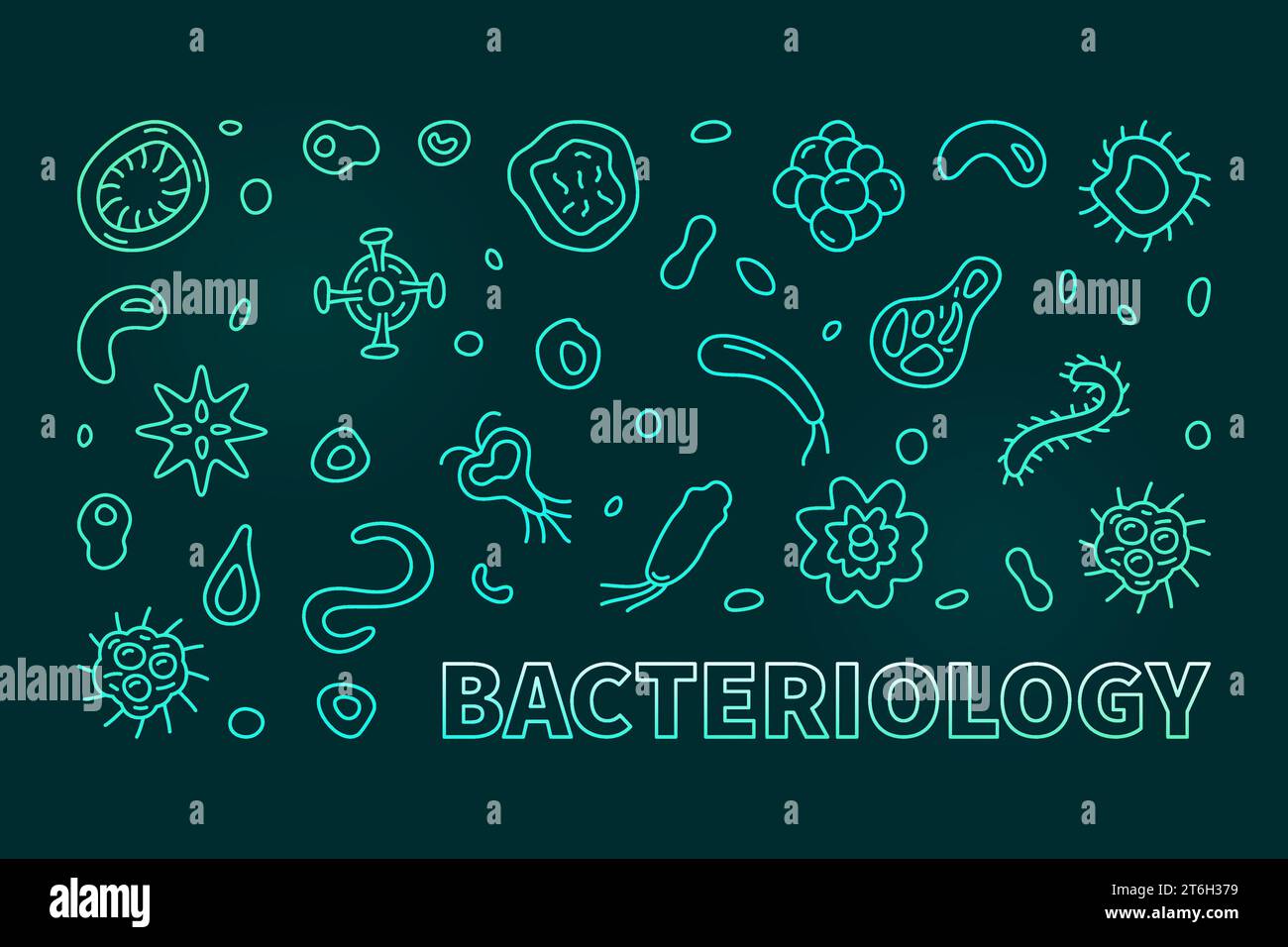 Banner orizzontale lineare colorato o illustrazione con sfondo scuro per il concetto di microbiologia vettoriale Microbiology Science Concept Illustrazione Vettoriale