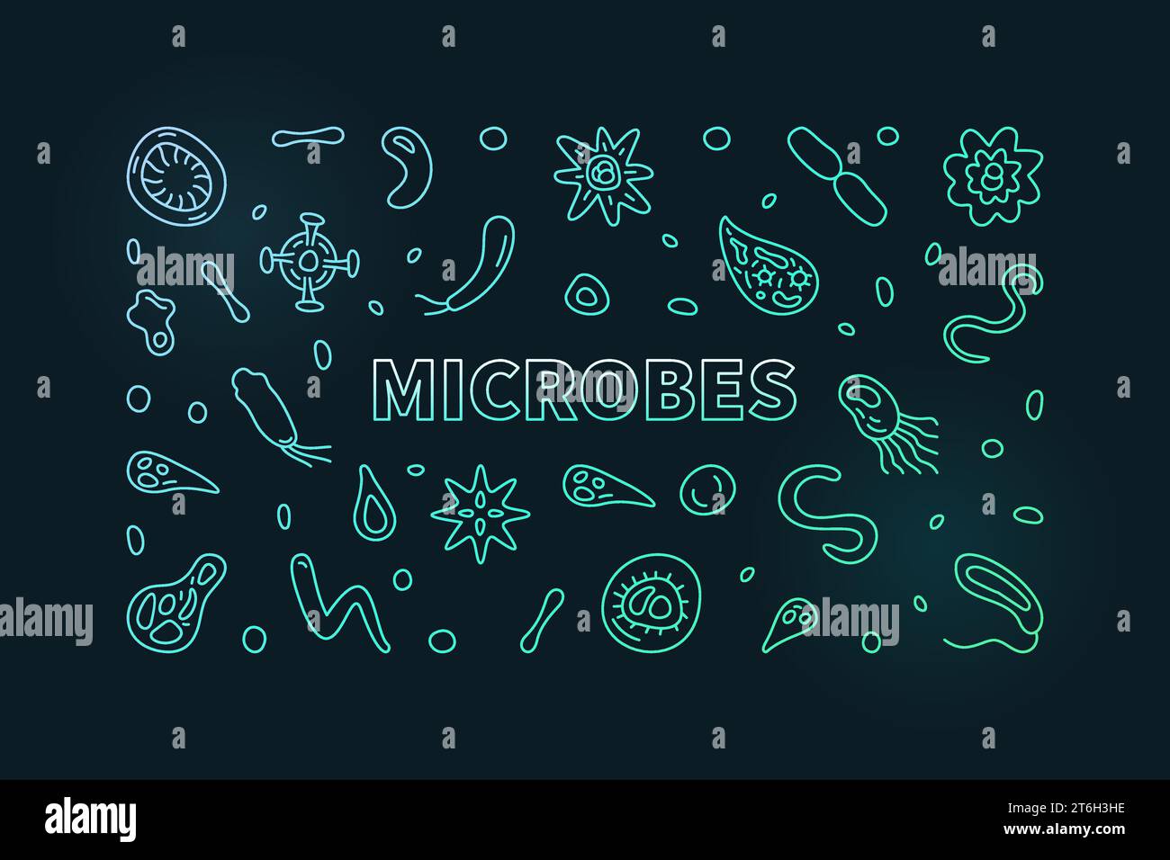 Microbes Vector Science Concept delinea un banner orizzontale colorato o un'illustrazione con simboli di linea batterica con sfondo scuro Illustrazione Vettoriale