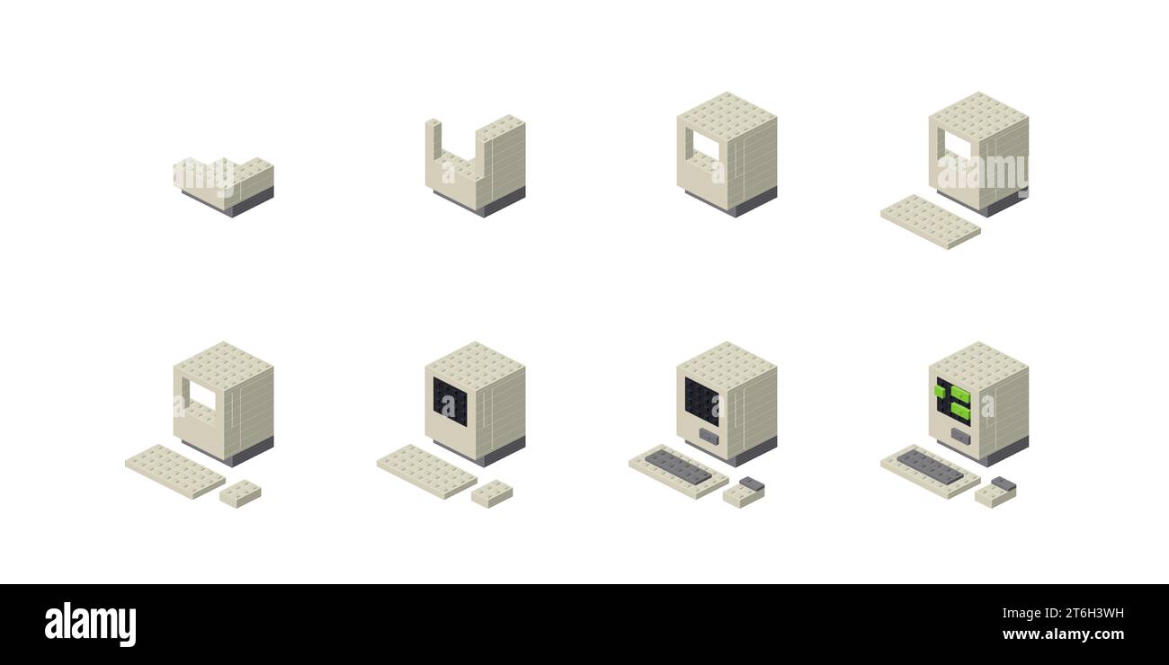 Assemblaggio passo-passo di un computer retrò. Vettore Illustrazione Vettoriale
