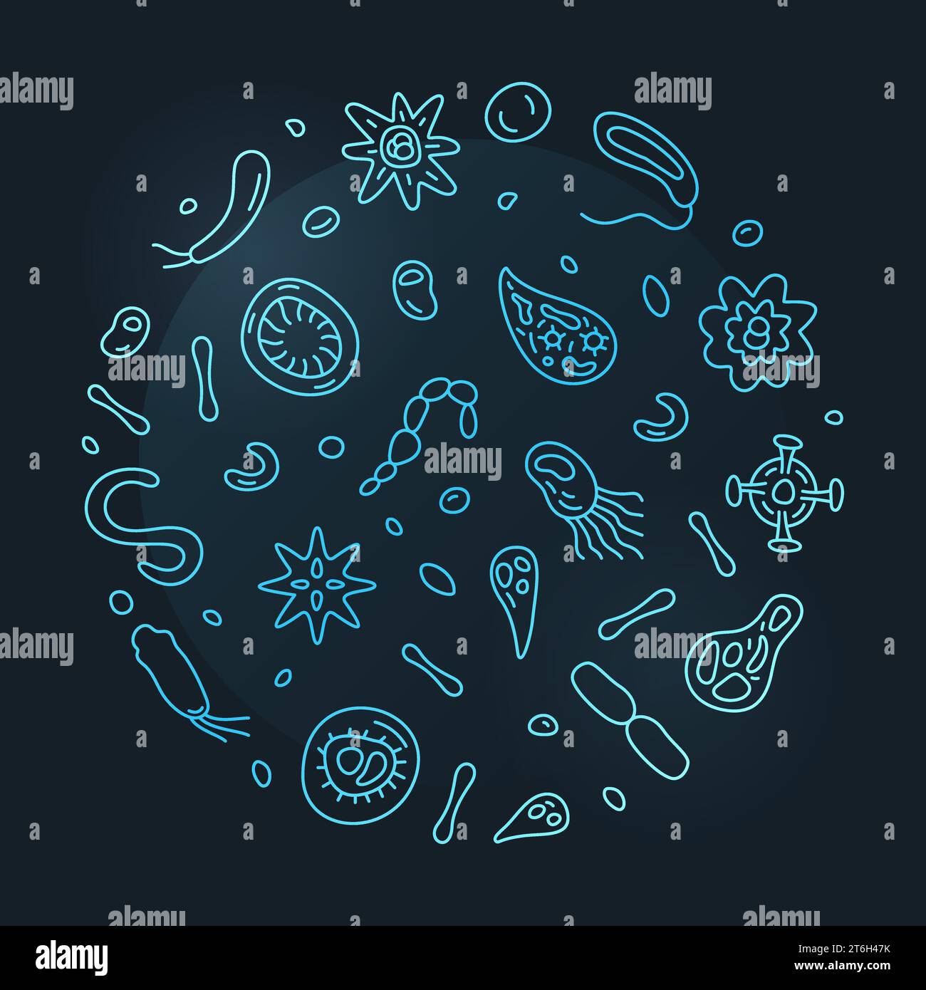 Microbes Vector Micro Biology Concept delinea banner rotondo blu o illustrazione con segni di contorno microbi con sfondo scuro Illustrazione Vettoriale