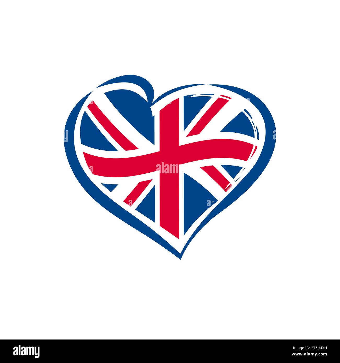 Forma creativa a cuore con bandiera del Regno Unito di Gran Bretagna. Love UK Icon Concept. Simbolo di sport o di viaggio. Pulsante Internet. Design del badge Illustrazione Vettoriale