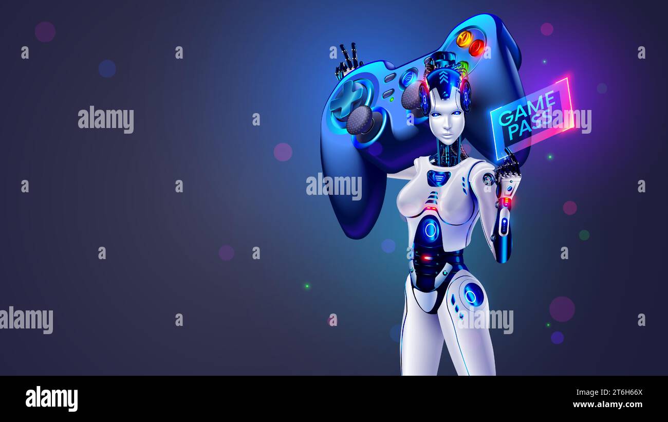 Bella cyborg donna tiene alle spalle un enorme gamepad, un pass per i videogiochi per computer, intrattenimento digitale. Robot femmina con grande controllo Illustrazione Vettoriale