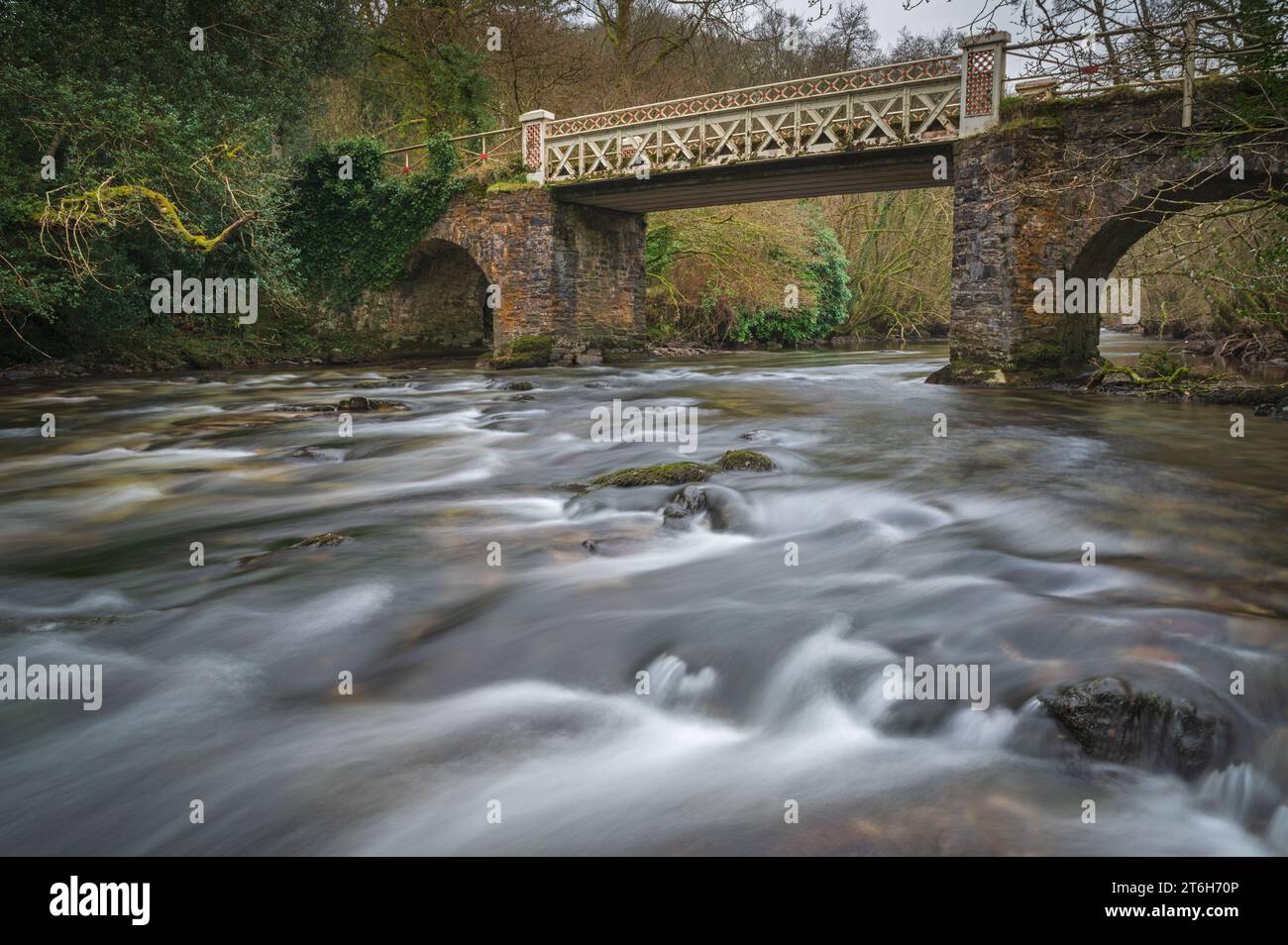 Vista autunnale del fiume Barle che si getta sulle rocce al Marsh Bridge vicino a Dulverton nell'Exmoor National Park, Somerset, Inghilterra, Regno Unito Foto Stock