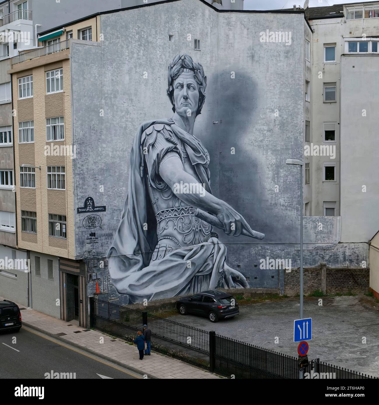 Murale di Giulio Cesare dell'artista Diego AS, raffigurante il patrimonio romano di Lugo, Galizia, nord-ovest, Spagna, Europa, Foto Stock