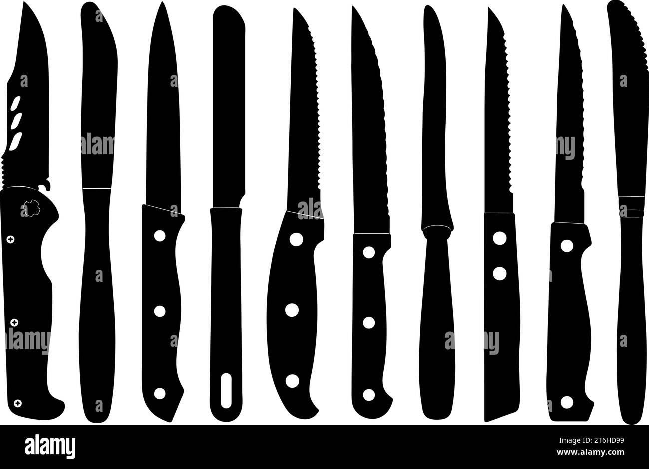 Collezione di diverse illustrazioni di coltelli da cucina isolati su bianco Illustrazione Vettoriale