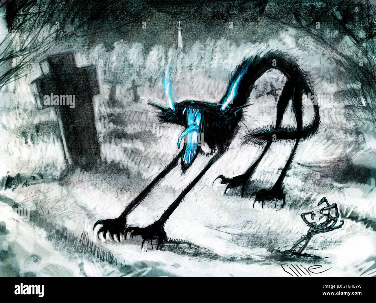 Art Cat-sìth nel cimitero, Cat sí, creatura fata dal mito celtico, simile a un gatto nero che si dice rubasse anime passando sopra cadavere o strega familiare Foto Stock Art Cat-sìth nel cimitero, Cat sí, creatura fata dal mito celtico, simile a un gatto nero che si dice rubasse anime passando sopra cadavere o strega familiare Foto Stock