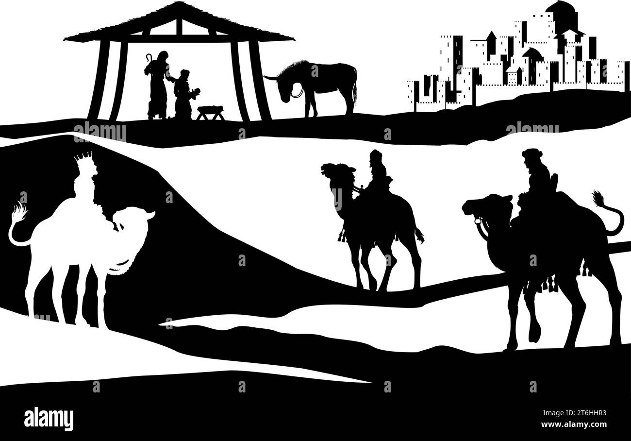 Presepe natalizio Bethlehem Manger Wise Men Illustrazione Vettoriale