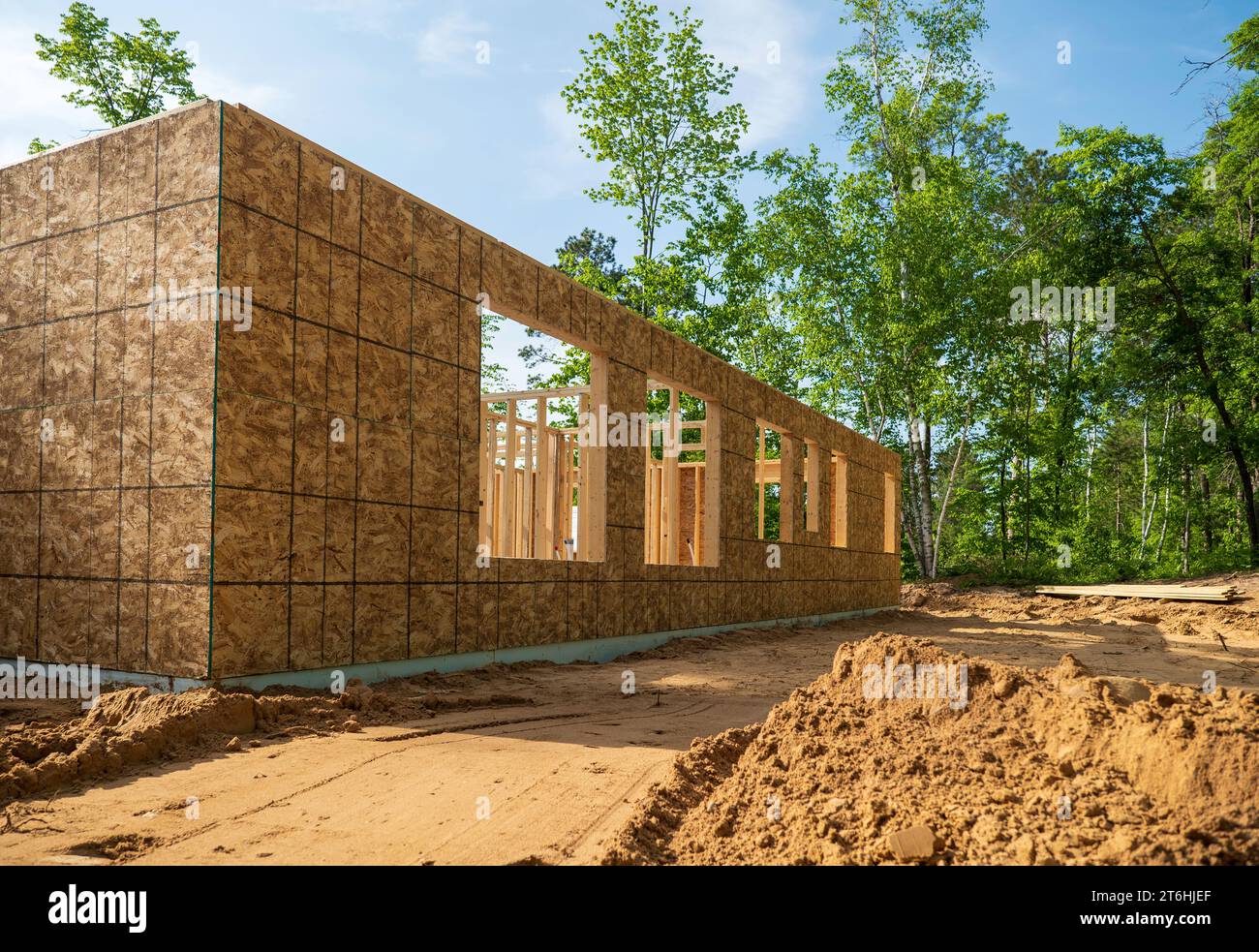 Nuovo sito di costruzione in fase iniziale, con legno compensato sulle pareti esterne e borchie in legno all'interno, su un lotto boscoso. Foto Stock