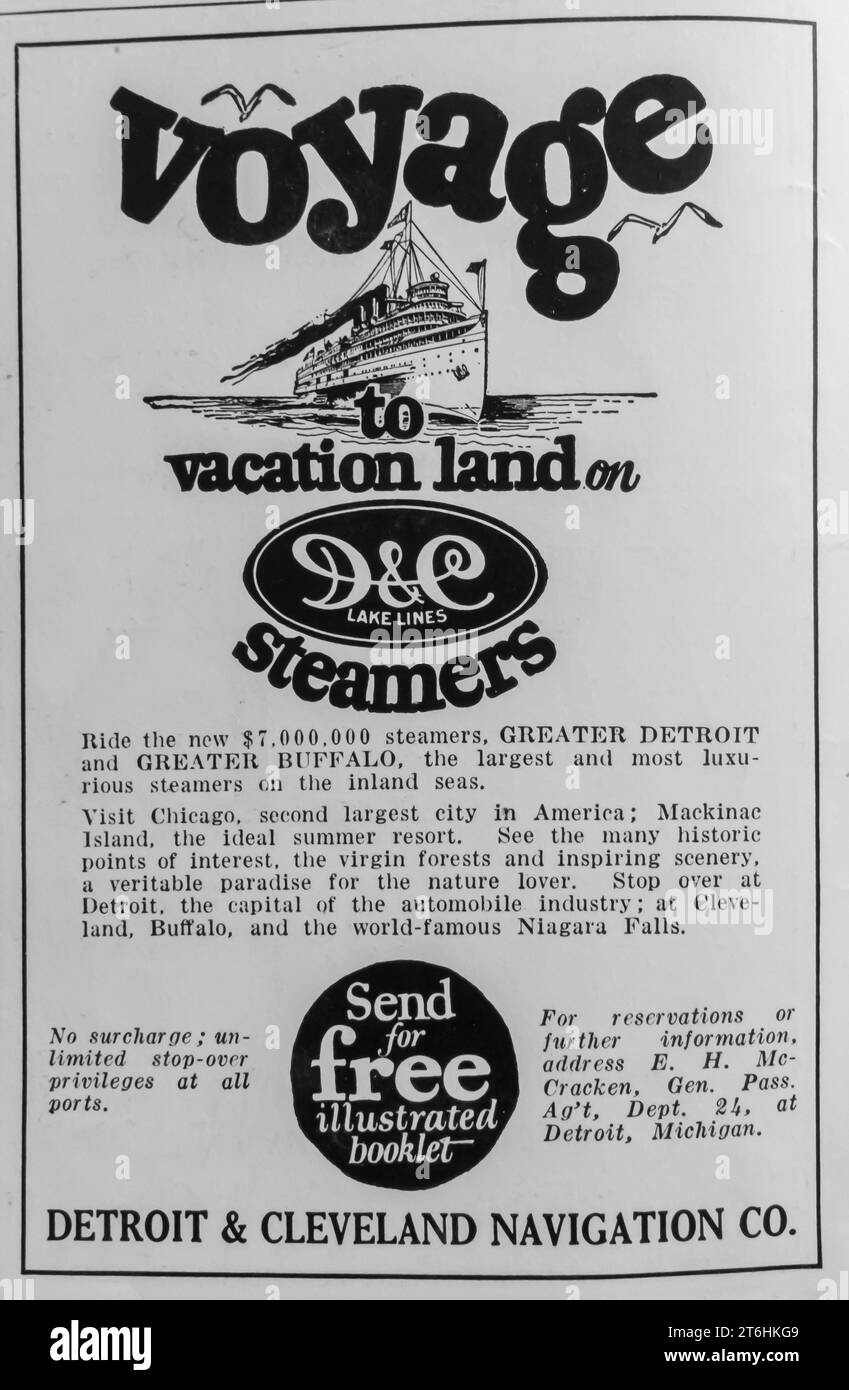 1927 Voyage Detroit & Cleveland Navigation Lake Line Steamers ad Foto Stock