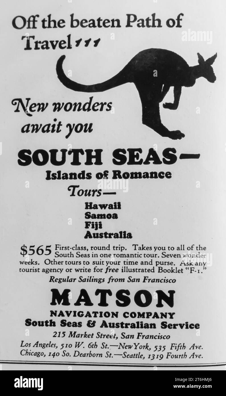 1927 Matson compagnia di navigazione - annuncio South Seas and Australian Service Foto Stock