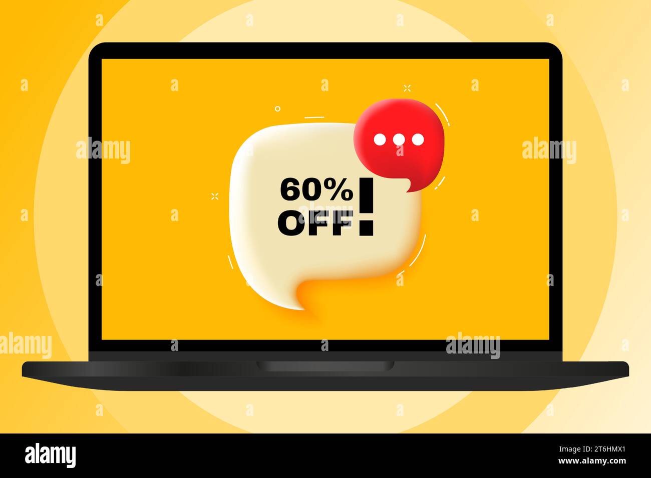 sconto del 60%. Bolla vocale con testo. illustrazione 3d. Banner di testo nei notebook moderni. Pubblicità sul computer Illustrazione Vettoriale