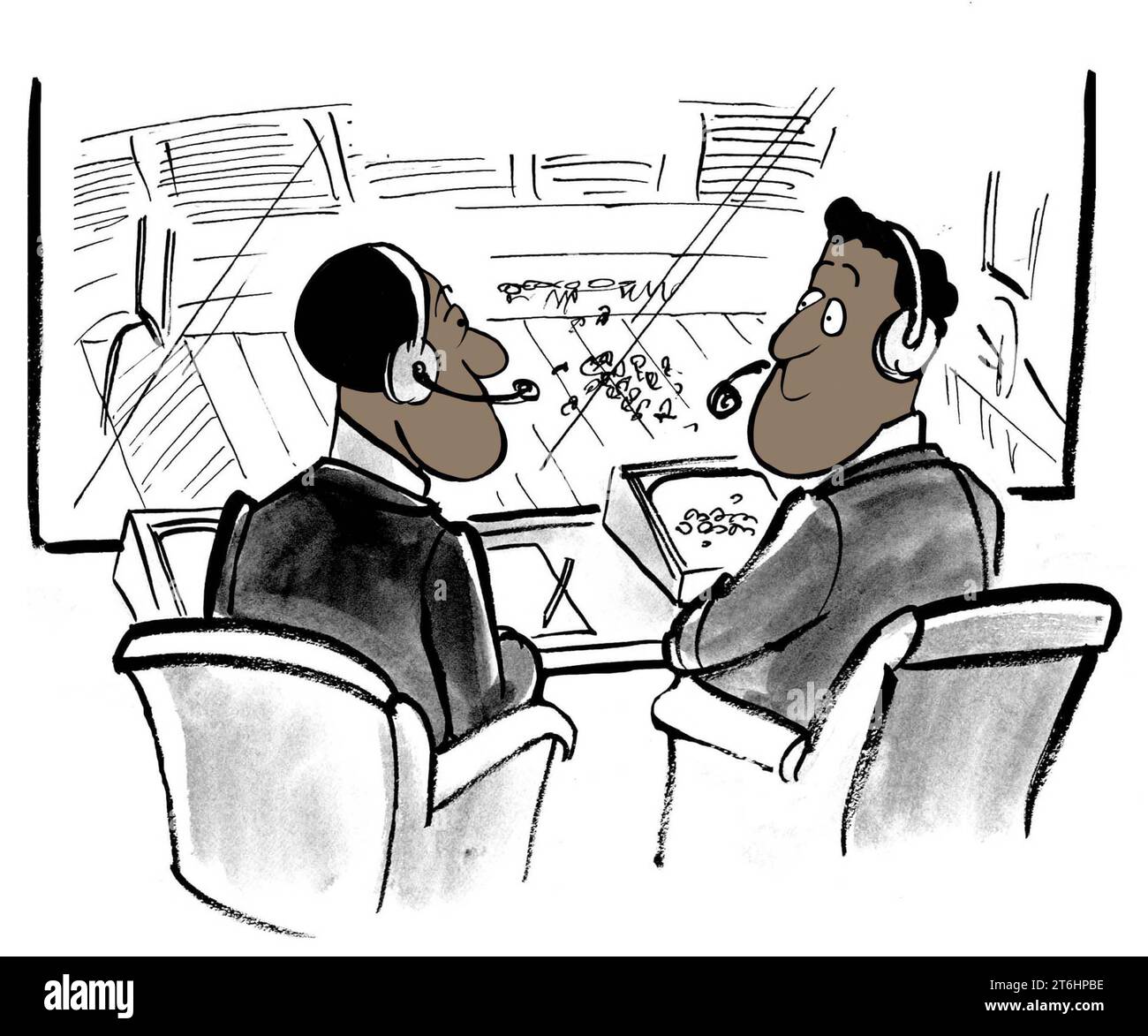 Illustrazione a colori di due profesisonali cronisti sportivi neri che si guardano l'un l'altro come chiamano una partita di calcio. Foto Stock