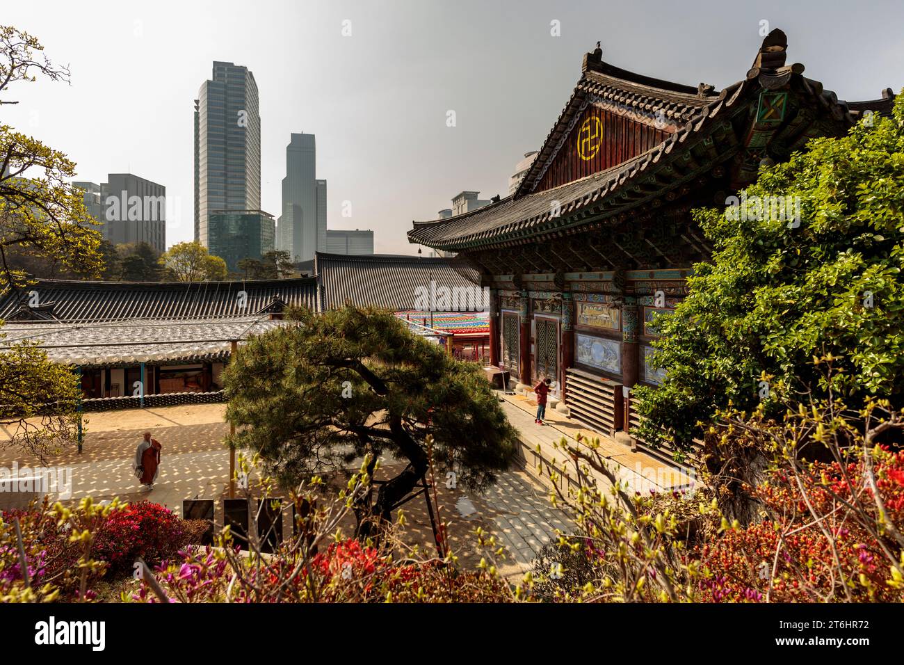 Tempio buddista con monaco, Bongeunsa, Seoul, Corea del Sud Foto Stock