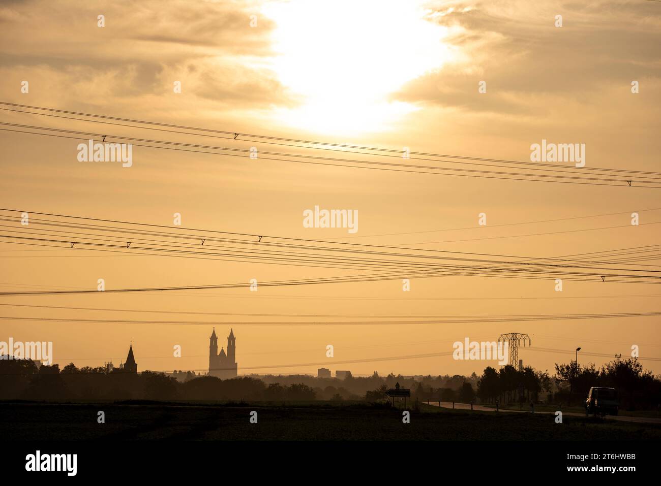 Cattedrale di Magdeburgo alla luce del sole del mattino, linee elettriche, Magdeburgo, Sassonia-Anhalt, Germania Foto Stock