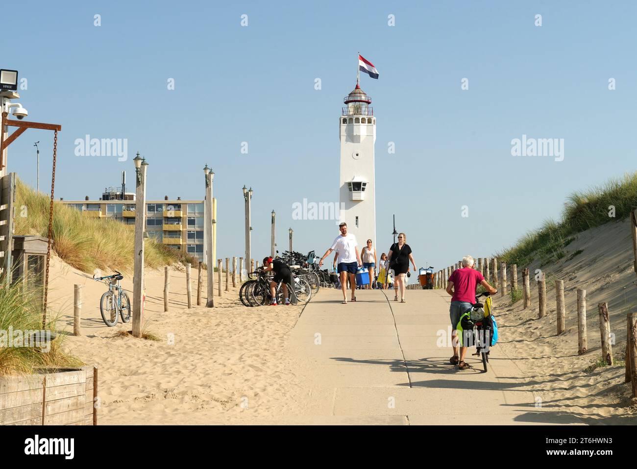 Vista dalla spiaggia al faro di Noordwijk aan Zee, Olanda meridionale, Zuid-Holland, Mare del Nord, Benelux, paesi del Benelux, Paesi Bassi, Nederland Foto Stock