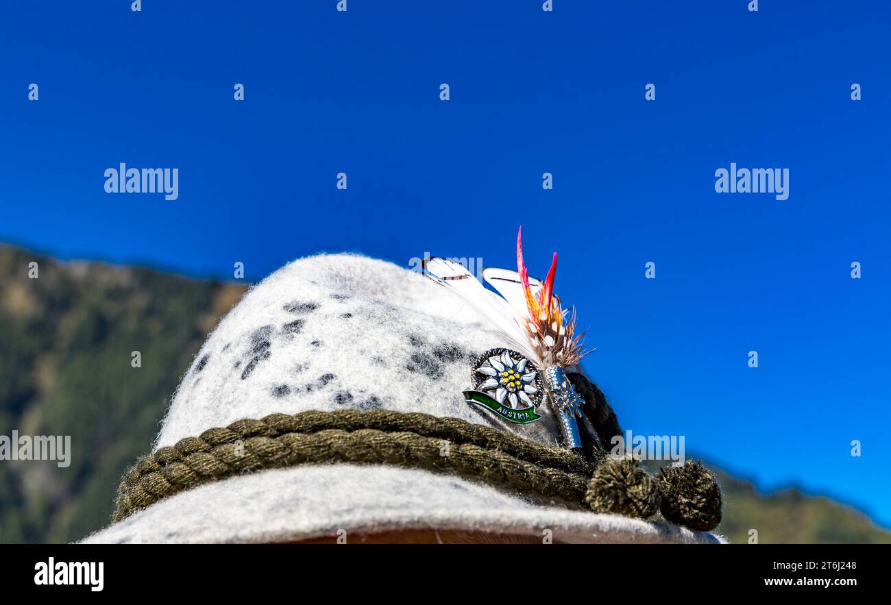 Tradizionale cappello in feltro con decorazione a spillo e piume, Rauris, Raurisertal, Pinzgau, Salzburger Land, Austria Foto Stock