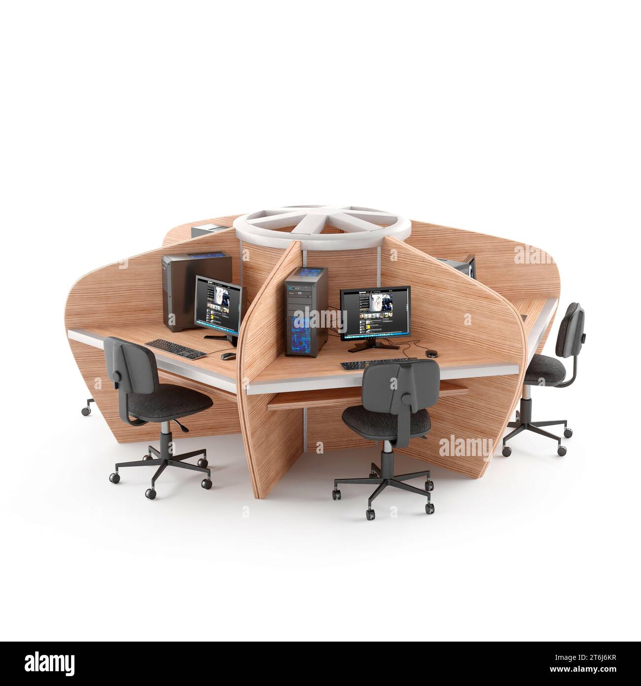 Uno spazio di lavoro moderno con tre computer PC su una scrivania, accanto a una sedia, in un ambiente professionale Foto Stock