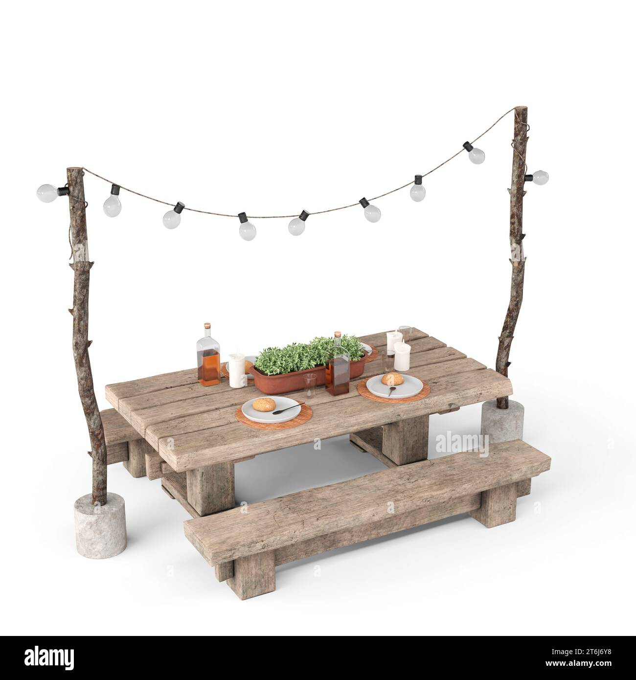 Una panca in legno è collocata in un ambiente panoramico all'aperto, con un tavolo in legno abbinato lateralmente Foto Stock