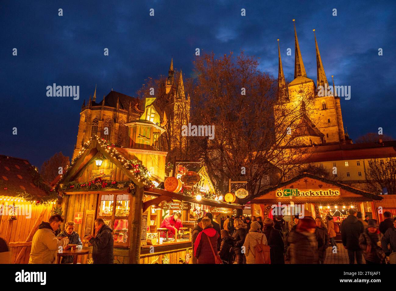 Mercatino di Natale sulla piazza della cattedrale, sulla cattedrale e su St Chiesa severi, Erfurt, Turingia Foto Stock