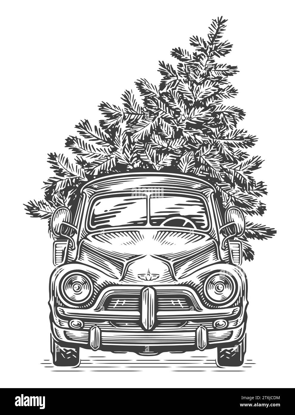 Albero di Natale disegnato a mano e auto retrò in stile sketch. Illustrazione vettoriale vintage Illustrazione Vettoriale