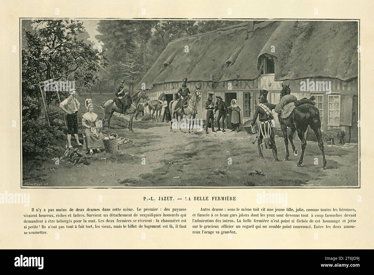 Illustrazione d'epoca dopo il dipinto di Paul Léon Jazet, la Belle fermière, soldati che interrogano un contadino e cercano il nemico Foto Stock