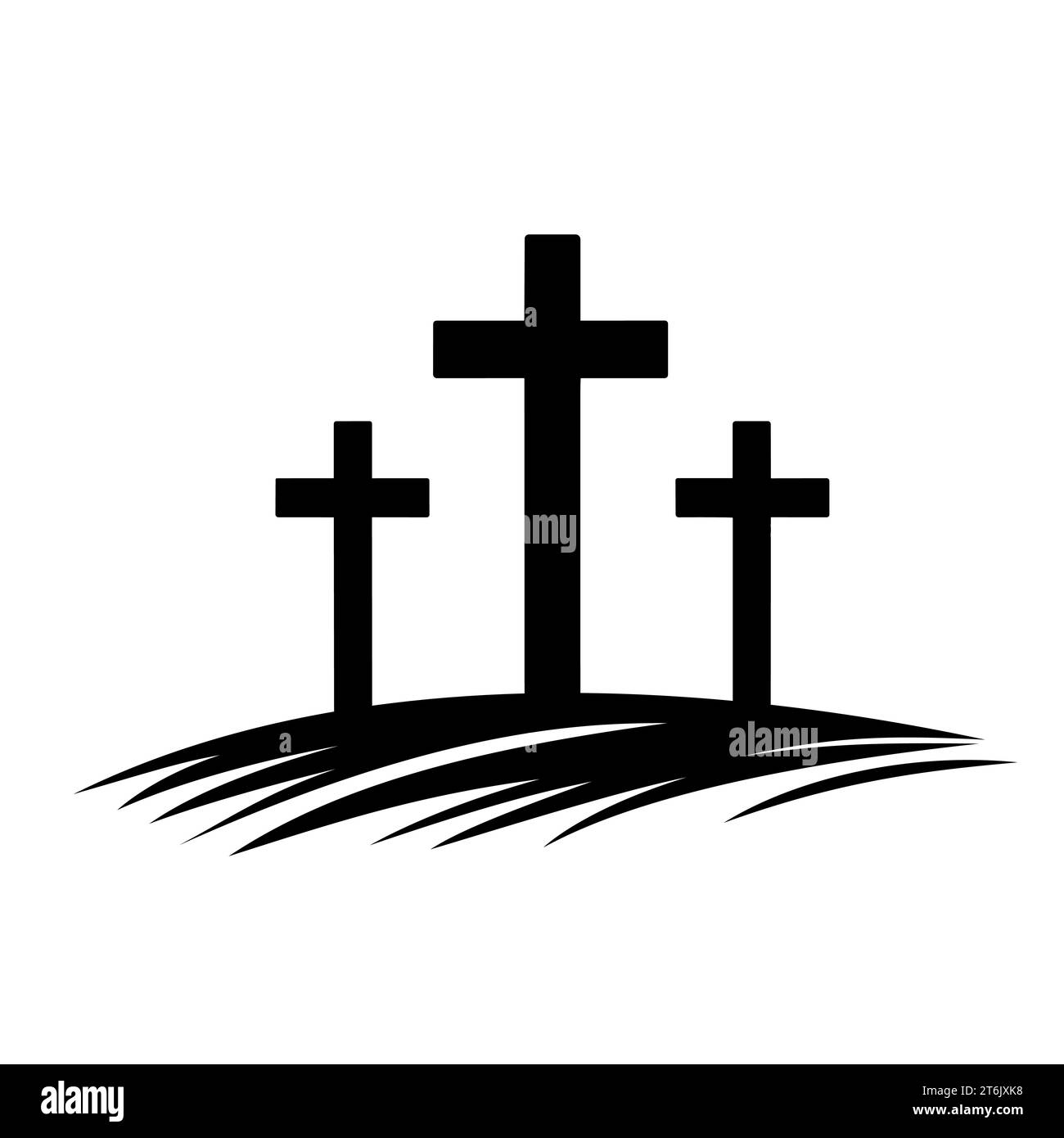 Icona Calvario. Silhouette nera di croci su Calvary Hill. Icona religiosa su sfondo bianco. Illustrazione vettoriale. Illustrazione Vettoriale