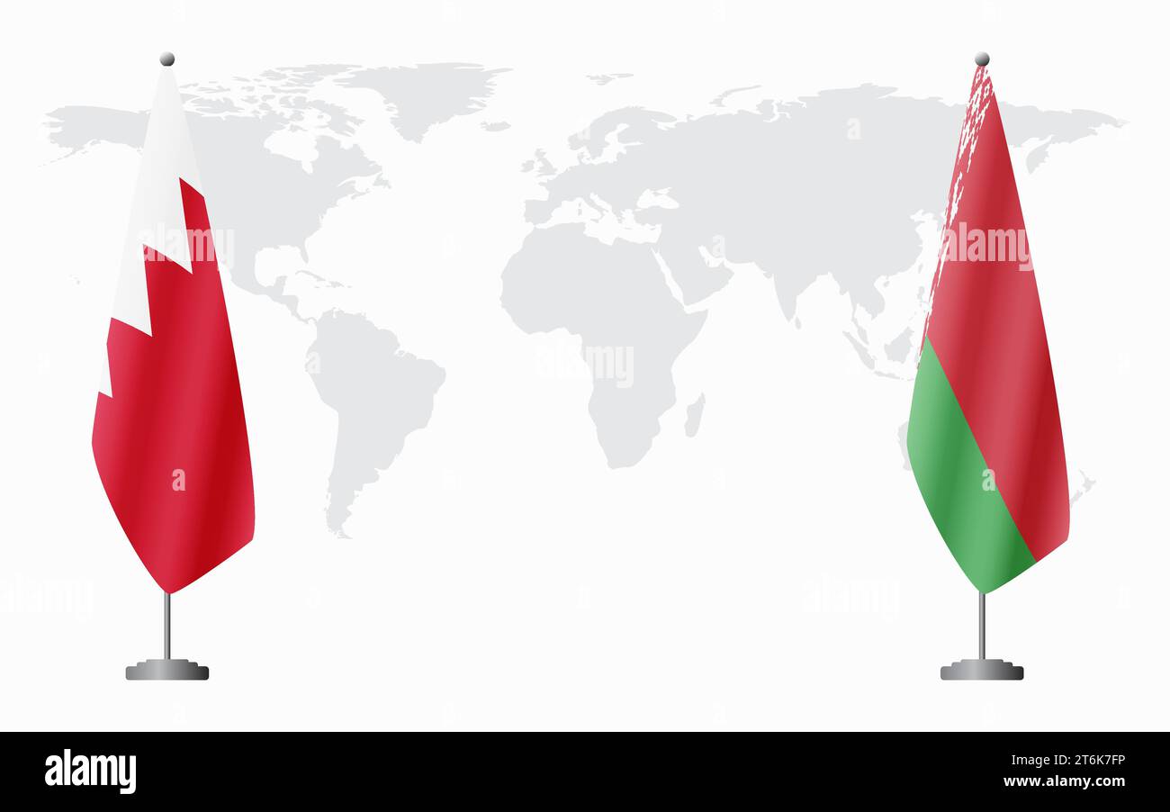 Bandiere del Bahrein e bielorusse per riunioni ufficiali sullo sfondo della mappa mondiale. Illustrazione Vettoriale