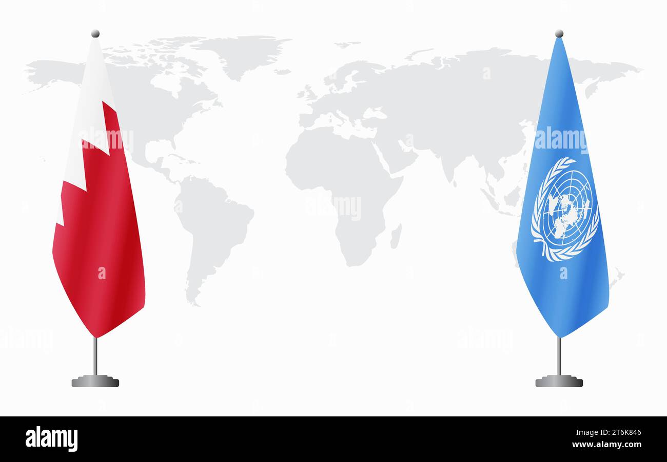 Bandiere del Bahrein e delle Nazioni Unite per un incontro ufficiale sullo sfondo della mappa mondiale. Illustrazione Vettoriale