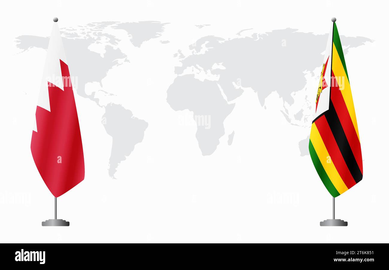 Bandiere del Bahrein e dello Zimbabwe per riunioni ufficiali sullo sfondo della mappa mondiale. Illustrazione Vettoriale