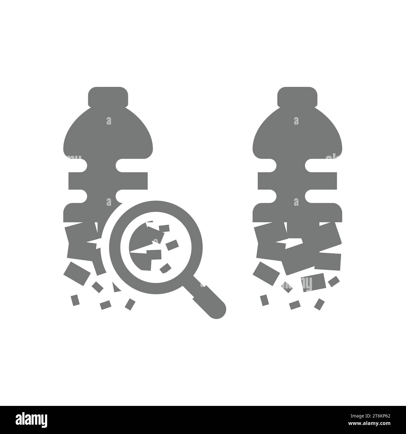 Microplastics con icona vettore di particelle di flaconi in plastica. Microplastica o microplastica con simbolo di lente d'ingrandimento per l'inquinamento. Illustrazione Vettoriale