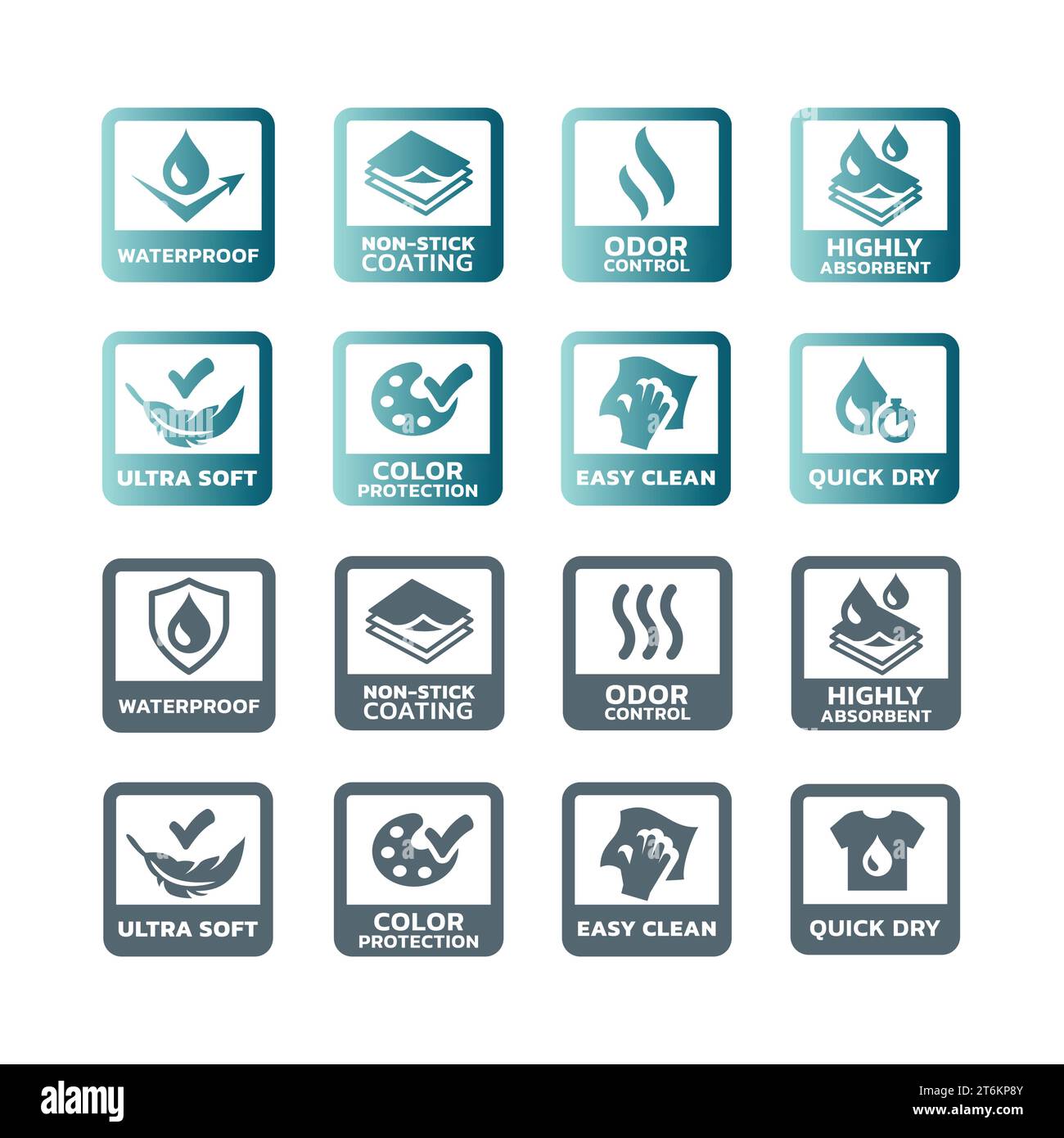 Set di etichette vettoriali altamente assorbenti, ultra morbide e facili da pulire. Etichette antiaderenti, impermeabili e resistenti all'asciugatura rapida. Illustrazione Vettoriale