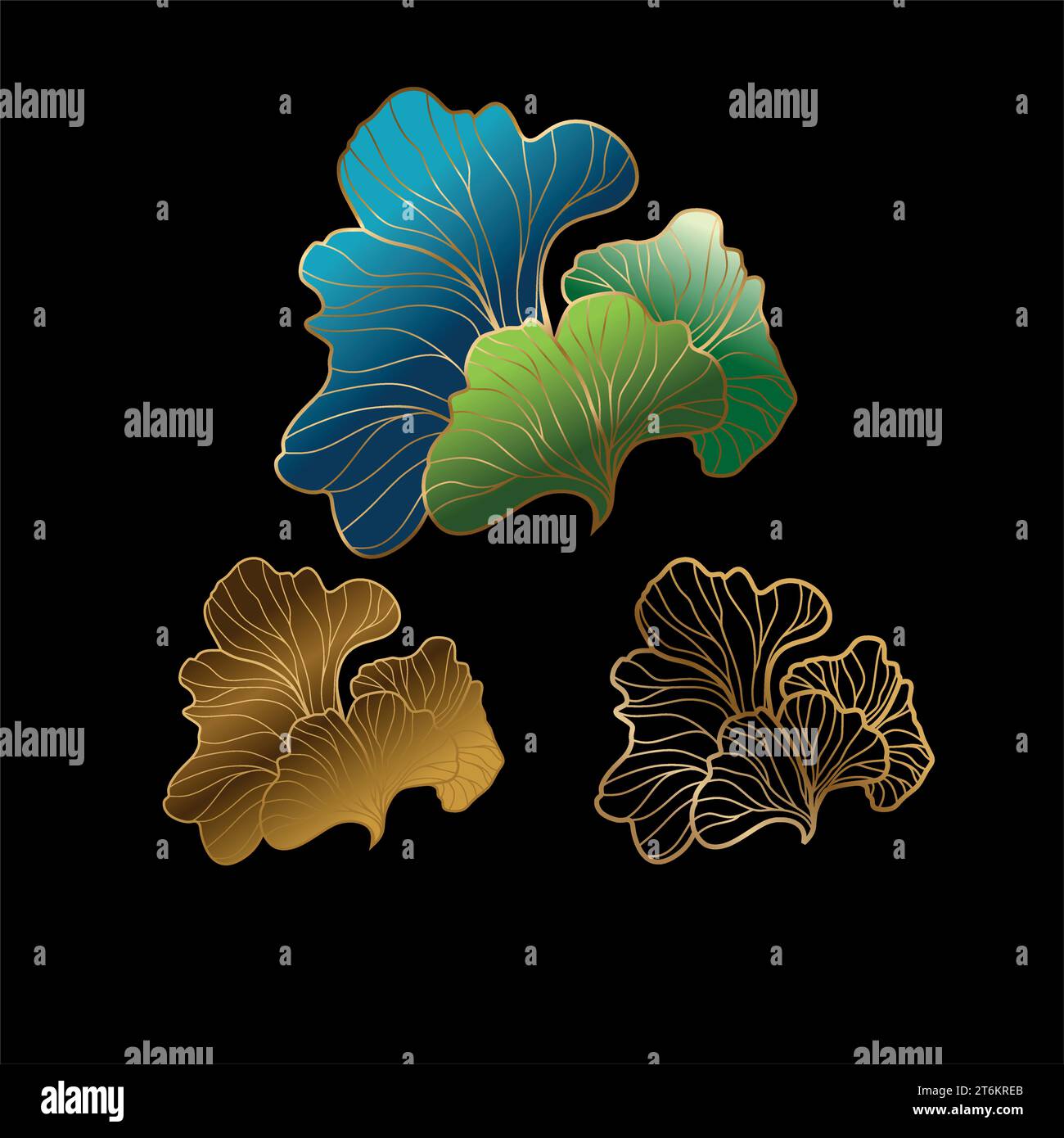 Illustrazione di foglie di ginko dorate in modo lussuoso. Lamelle sofisticate nel vettore Illustrazione Vettoriale