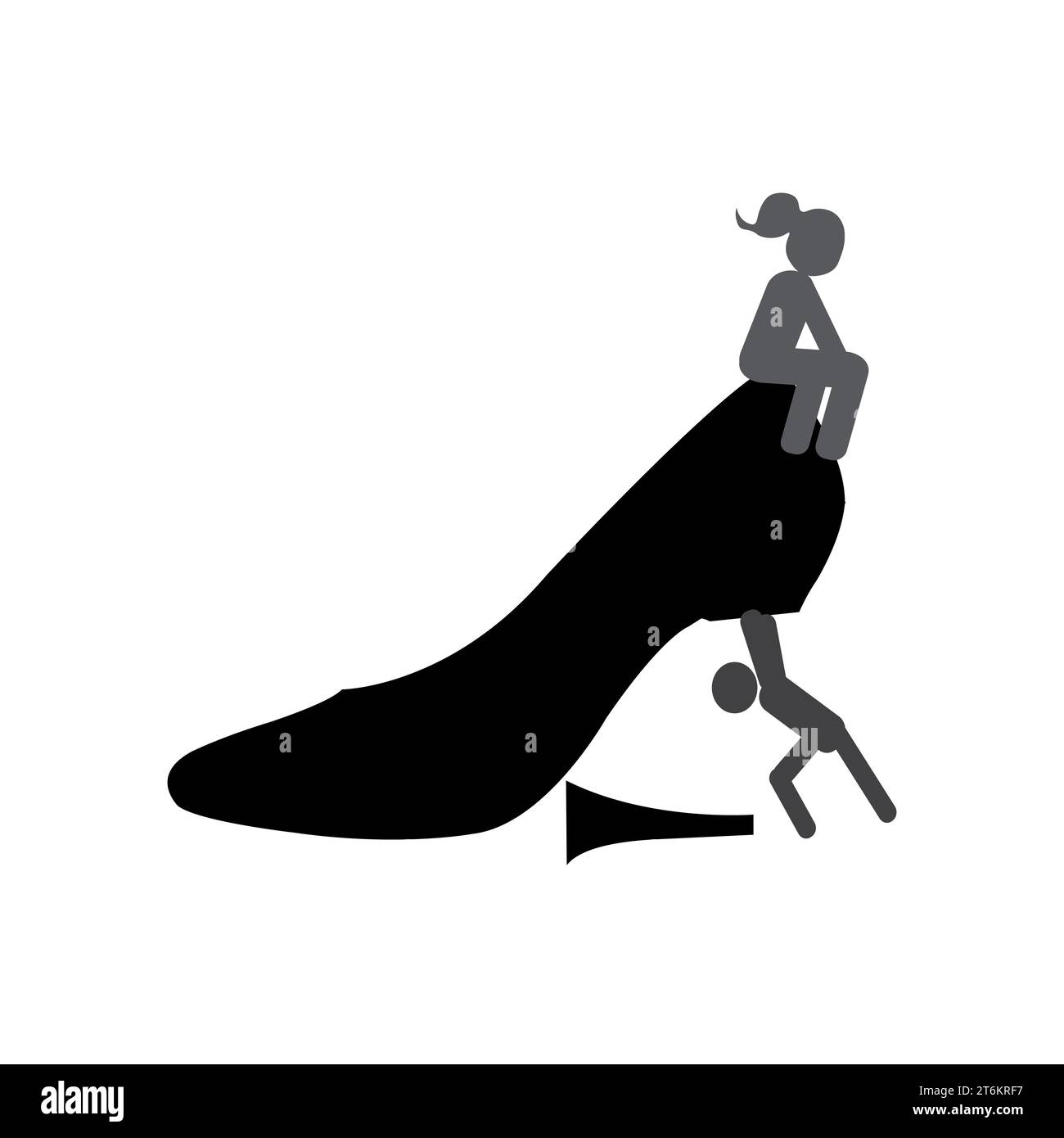 Silhouette di un uomo che tiene una scarpa con un tacco rotto e silhouette di una donna seduta su di essa Illustrazione Vettoriale