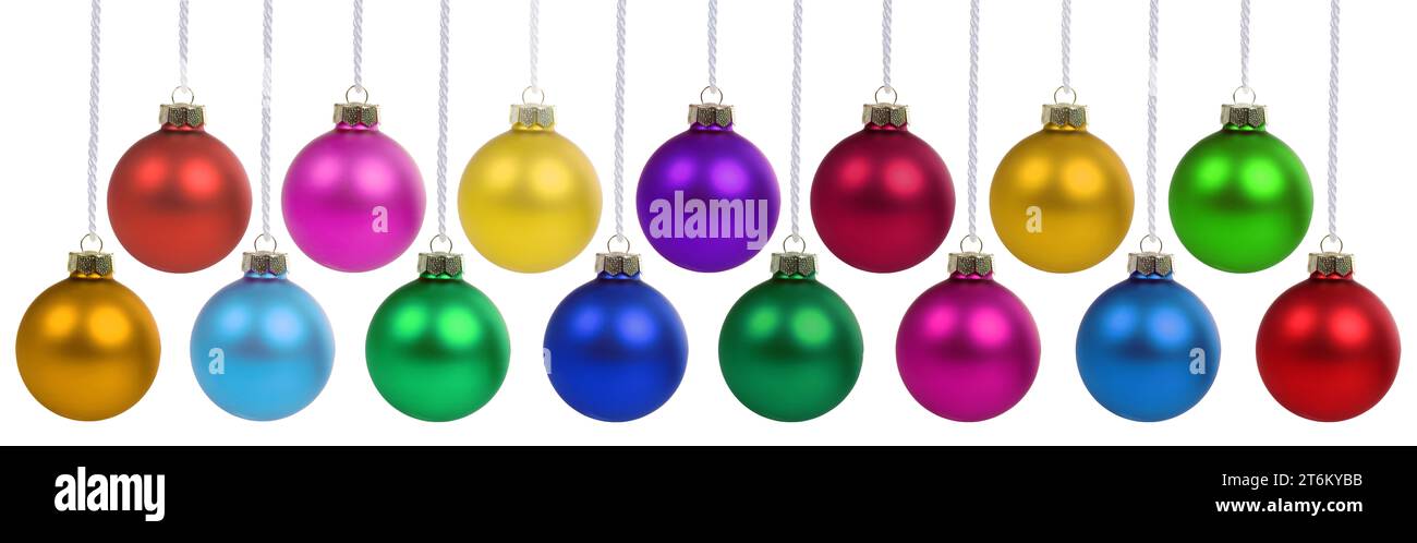 Natale palle baubles tempo decorazione banner appeso isolato su un sfondo bianco Foto Stock