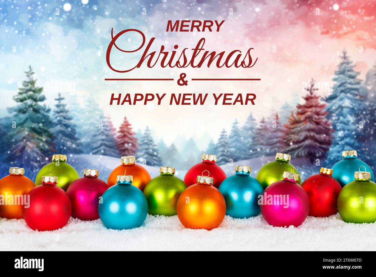 Buon biglietto natalizio con palline bauble e decorazioni in stile stile foresta invernale Foto Stock