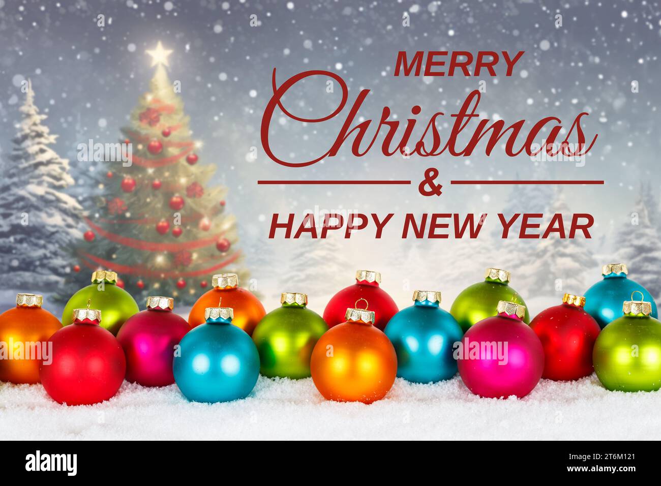 Buon biglietto natalizio con palline colorate baubles decorazione decorativa in stile decorativo invernale Foto Stock