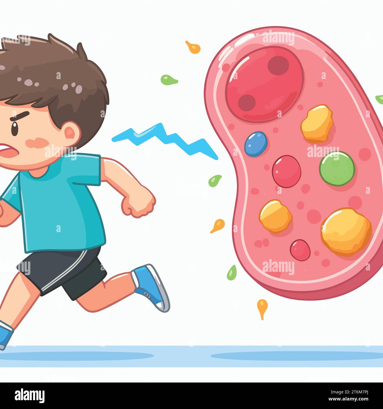 Ragazzo che corre inseguito da germi, batteri, cellule grasse Illustrazione Vettoriale