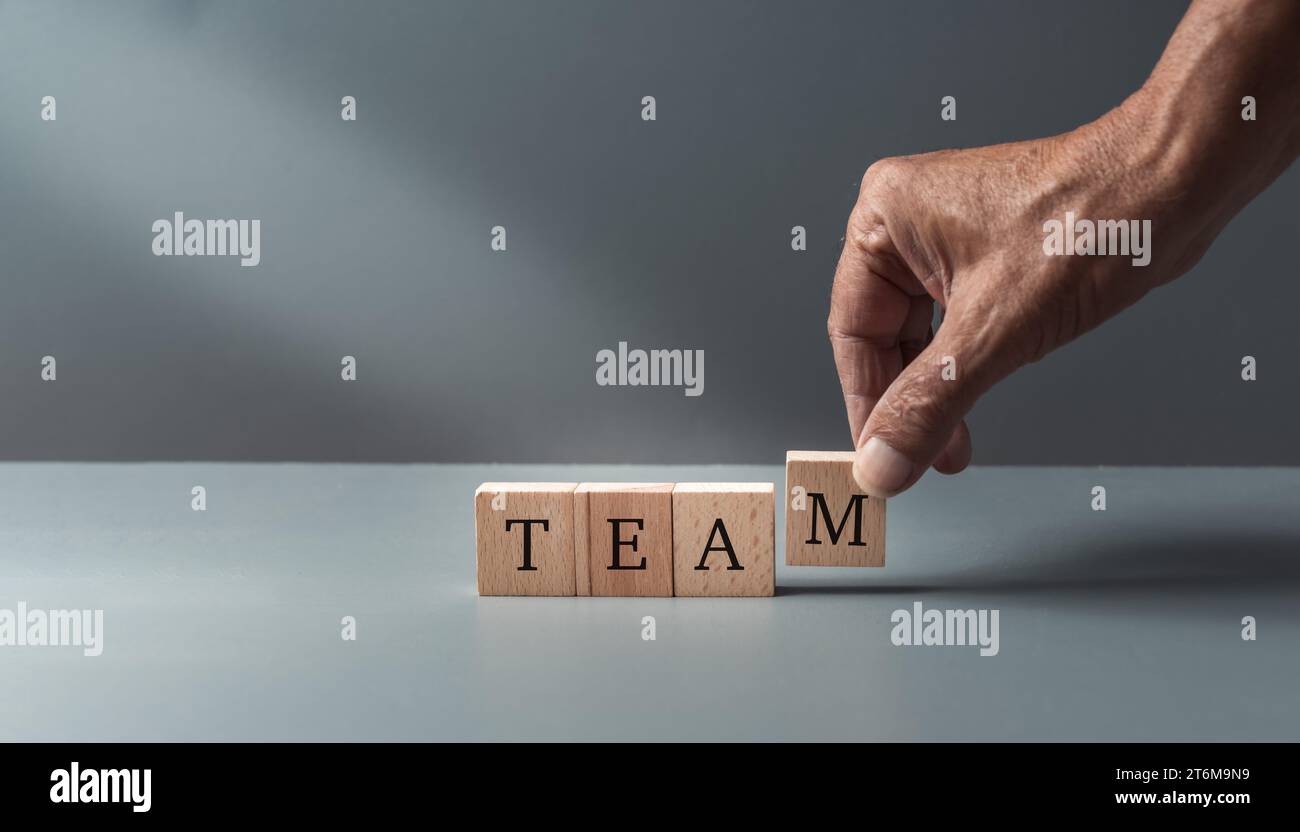 Metti a mano blocchi di legno in posa con la parola Team. Concetto di gestione del team. Lavoro di squadra. Assunzione. Personale di reclutamento... Capacità di leadership. sullo sfondo grigio blu Foto Stock