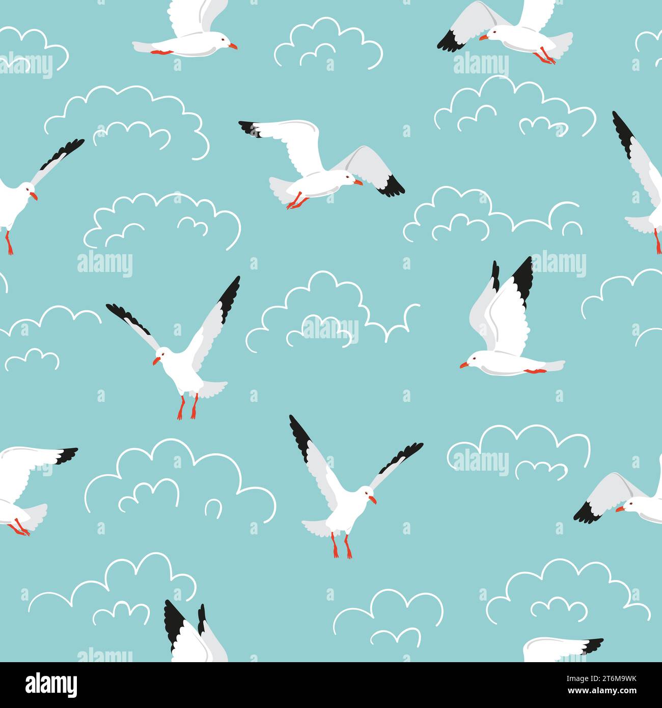 Motivo gabbiano senza cuciture. Cartoni animati che volano uccelli marini e nuvole di doodle sfondo vettoriale Illustrazione Vettoriale