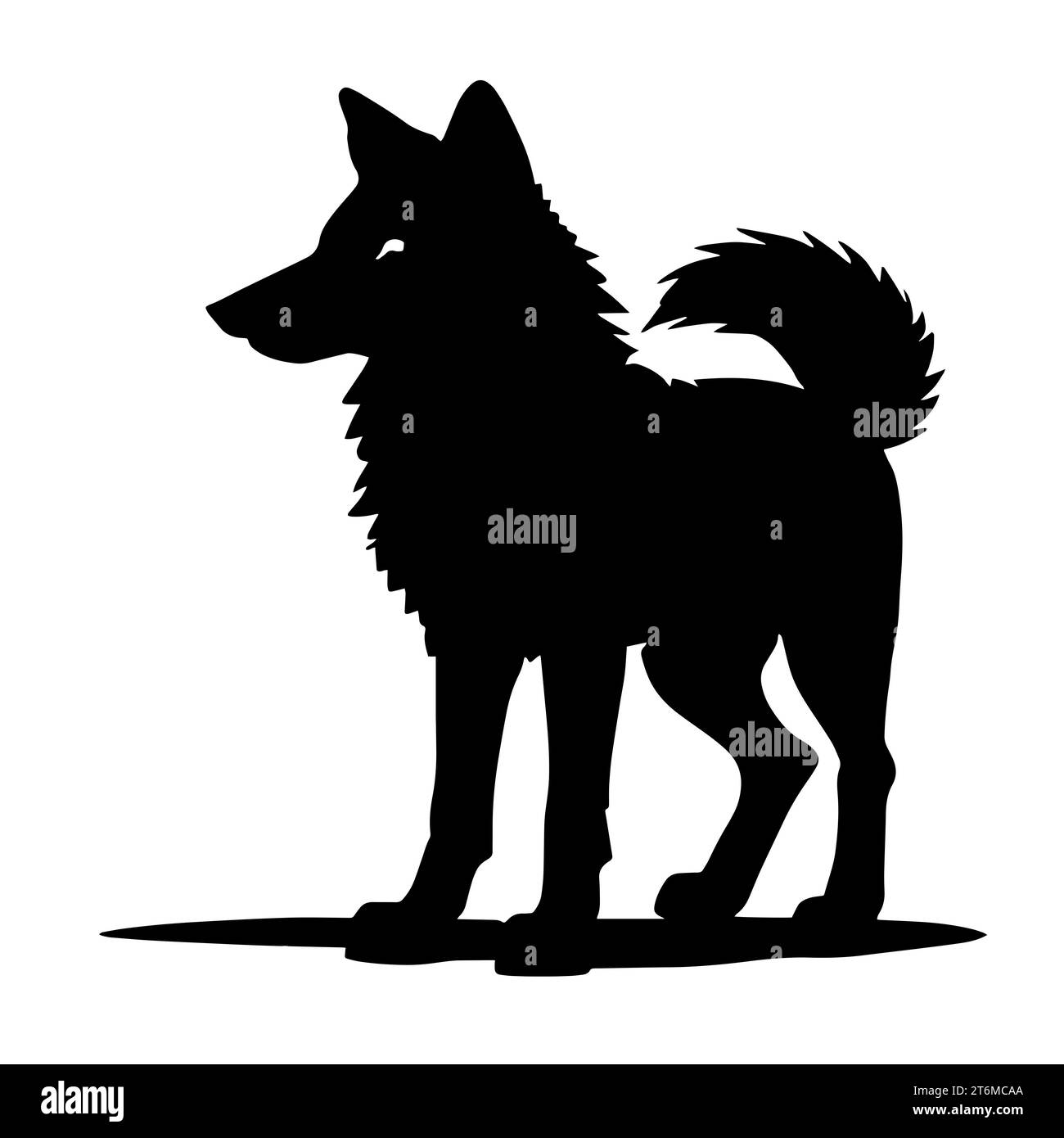 illustrazione in bianco e nero di un lupo con un pelo spesso e zanne affilate. Il lupo rappresenta il branco, forti legami familiari e la cooperazione Foto Stock