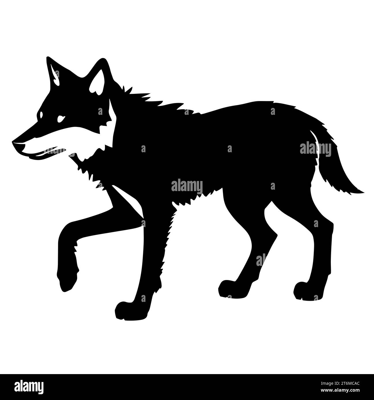 illustrazione in bianco e nero di un lupo con un pelo spesso e zanne affilate. Il lupo rappresenta il branco, forti legami familiari e la cooperazione Foto Stock