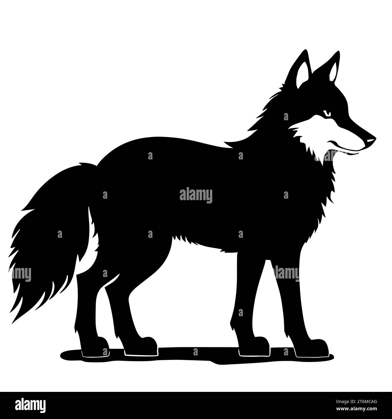 illustrazione in bianco e nero di un lupo con un pelo spesso e zanne affilate. Il lupo rappresenta il branco, forti legami familiari e la cooperazione Foto Stock