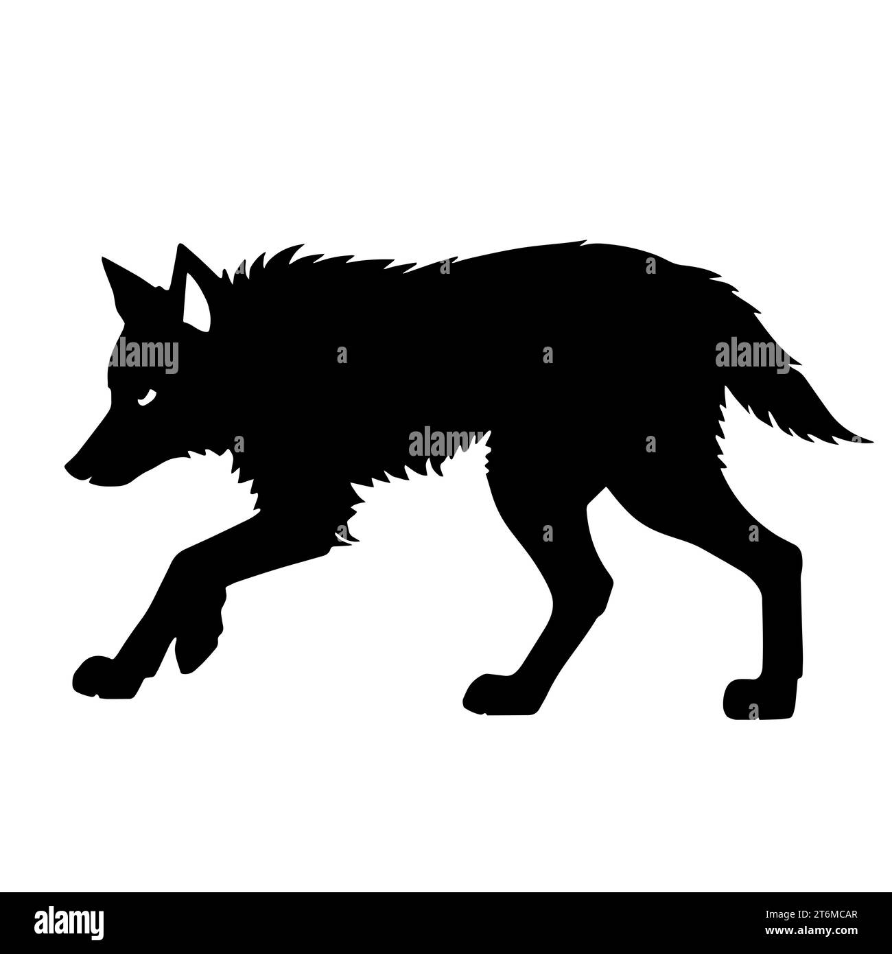 illustrazione in bianco e nero di un lupo con un pelo spesso e zanne affilate. Il lupo rappresenta il branco, forti legami familiari e la cooperazione Foto Stock