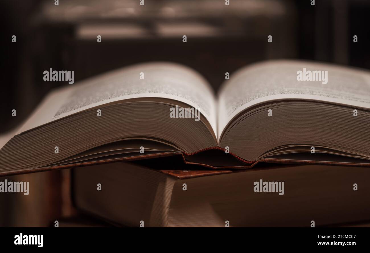 Concetto di letteratura e istruzione - libro di apertura o di testo in una vecchia biblioteca su sfondo scuro Foto Stock