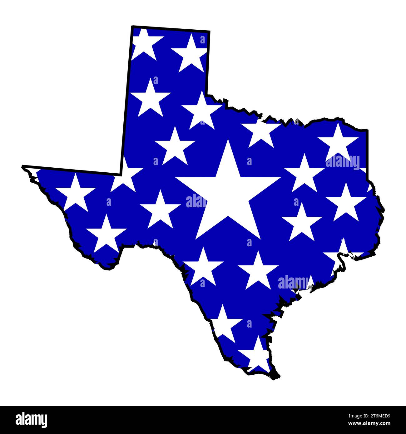 Mappa di silhouette dello stato americano del Texas piena di stelle su uno sfondo blu isolato su bianco Foto Stock